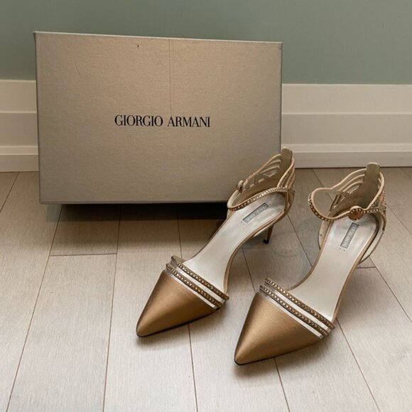 Giorgio Armani Shoes - Giorgio Armani Metallic Gold Pointed Toe Studded Ankle-Strap Heels